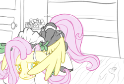 Size: 2876x1968 | Tagged: safe, artist:velvet frame, imported from derpibooru, fluttershy, pony, blushing, bookshelf, bow, clothes, cute, door, embarrassed, face down ass up, female, fluttermaid, gloves, looking back, maid, shoes, sketch, spread wings, wings, wooden floor