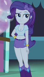 Size: 420x720 | Tagged: safe, edit, edited screencap, editor:ah96, imported from derpibooru, screencap, rarity, equestria girls, rainbow rocks, adorasexy, belly button, belt, boots, bow, breast edit, breasts, cleavage, clothes, cropped, cute, female, midriff, miniskirt, sexy, shoes, skirt, solo, thighs