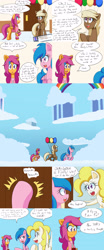 Size: 2000x4800 | Tagged: safe, artist:jake heritagu, imported from derpibooru, firefly, scootaloo, surprise, oc, oc:lightning blitz, oc:sandy hooves, pegasus, pony, comic:ask motherly scootaloo, baby, baby pony, balloon, cloudsdale, colt, comic, dialogue, female, hairpin, holding a pony, knocking, male, mother and son, motherly scootaloo, offspring, older, older scootaloo, parent:rain catcher, parent:scootaloo, parents:catcherloo, speech bubble, sweatshirt