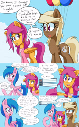 Size: 2000x3200 | Tagged: safe, artist:jake heritagu, imported from derpibooru, firefly, scootaloo, oc, oc:sandy hooves, pony, comic:ask motherly scootaloo, ask, balloon, cloudsdale, comic, hairpin, motherly scootaloo, sweatshirt