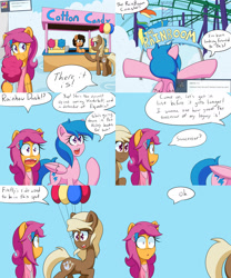 Size: 2000x2400 | Tagged: safe, artist:jake heritagu, imported from derpibooru, firefly, scootaloo, oc, oc:sandy hooves, pony, comic:ask motherly scootaloo, ask, balloon, cloudsdale, comic, cotton candy, hairpin, motherly scootaloo, roller coaster, sweatshirt, theme park