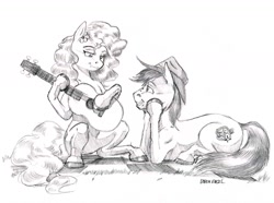 Size: 1400x1042 | Tagged: safe, artist:baron engel, imported from derpibooru, bright mac, pear butter, earth pony, pony, the perfect pear, acoustic guitar, brightbutter, cowboy hat, female, grayscale, guitar, hat, hoof hold, male, mare, monochrome, musical instrument, pencil drawing, shipping, simple background, sketch, stallion, straight, traditional art, white background