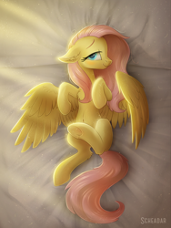 Size: 900x1200 | Tagged: safe, artist:scheadar, imported from derpibooru, fluttershy, pegasus, pony, bed, bedroom eyes, belly button, blushing, chest fluff, cute, female, floppy ears, fluffy, looking at you, mare, morning, morning ponies, shyabetes, solo, spread wings, underhoof, wings