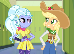 Size: 1022x750 | Tagged: safe, artist:cloudy glow, artist:cloudyglow, artist:favoriteartman, artist:mixermike622, artist:themexicanpunisher, imported from derpibooru, applejack, sugarcoat, equestria girls, alternate hairstyle, canterlot high, clothes, cowgirl, female, hat, lockers, pants