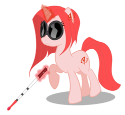 Size: 1800x1650 | Tagged: safe, artist:chopsticks, derpibooru exclusive, imported from derpibooru, oc, oc only, oc:hide, pony, unicorn, derpibooru, blind, cutie mark, derpibooru ponified, ear piercing, earring, female, jewelry, levitation, magic, mare, meta, piercing, ponified, raised hoof, simple background, solo, sunglasses, telekinesis, white background, white cane