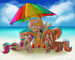 Size: 4500x3600 | Tagged: safe, artist:chub-wub, imported from derpibooru, oc, oc only, cat pony, original species, pegasus, unicorn, annoyed, beach, colored wings, feather, group, magaritas, smiling, smirk, umbrella