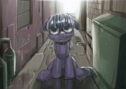 Size: 3508x2480 | Tagged: safe, artist:mrs1989, imported from derpibooru, oc, oc only, oc:indigo buckle, earth pony, pony, alley, alleyway, floppy ears, male, rain, sitting, solo, wet mane