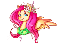 Size: 1300x1000 | Tagged: safe, artist:cosmi, artist:cosmicake, imported from derpibooru, fluttershy, bust, female, flower, flower in hair, simple background, solo, spread wings, wings, wip