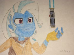 Size: 3264x2448 | Tagged: safe, artist:sandstorm-arts, imported from derpibooru, trixie, equestria girls, crossover, drawing, jedi, lightsaber, star wars, traditional art, weapon