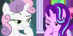 Size: 942x471 | Tagged: safe, edit, imported from derpibooru, screencap, starlight glimmer, sweetie belle, pony, unicorn, family appreciation day, no second prances, boop, comparison, cropped, devious, exploitable meme, female, glimmerposting, lidded eyes, meme, raised eyebrow, scheming belle, self-boop, smiling, smirk, solo