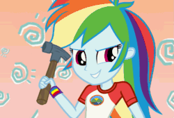 Size: 587x400 | Tagged: safe, artist:sketchmcreations, edit, imported from derpibooru, rainbow dash, equestria girls, legend of everfree, animated, bleach (manga), female, gif, hammer, leek spin, parody, smiling, smirk, solo