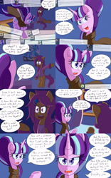 Size: 2000x3200 | Tagged: safe, artist:jake heritagu, imported from derpibooru, scootaloo, starlight glimmer, pony, comic:ask motherly scootaloo, ask, bed, blanket, cloak, clothes, cloud, cloudsdale, comic, hairpin, motherly scootaloo, sweatshirt, toy box, wonderbolts poster