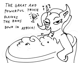Size: 928x748 | Tagged: safe, artist:faience, imported from derpibooru, trixie, unicorn, africa, africa (song), alcohol, bath, black and white, bubble, ear fluff, female, grayscale, looking at you, mare, martini, monochrome, scrubs, sketch, solo, song reference, toto (band), unshorn fetlocks