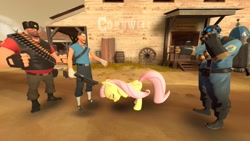 Size: 1360x768 | Tagged: safe, artist:jackass67, deleted from derpibooru, imported from derpibooru, fluttershy, abuse, bronybait, bully, bullying, crossover, flutterbuse, heavy, heavy weapons guy, pyro, scout, team fortress 2