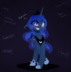 Size: 1480x1498 | Tagged: safe, artist:magnaluna, imported from derpibooru, princess luna, alicorn, pony, awkward, blue background, blushing, chest fluff, colored wings, colored wingtips, crossed legs, cute, cute little fangs, dialogue, ethereal mane, eye clipping through hair, fangs, female, floppy ears, forced smile, grin, heart, lunabetes, mare, nervous, offscreen character, raised hoof, simple background, smiling, solo, starry mane, text, thought bubble, waifu, wide eyes