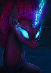 Size: 4961x7016 | Tagged: safe, artist:petrinox, deleted from derpibooru, imported from derpibooru, tempest shadow, pony, unicorn, my little pony: the movie, absurd resolution, beautiful, broken horn, eye scar, female, glowing eyes, glowing horn, lightning, magic, majestic, mare, scar, solo, sparking horn