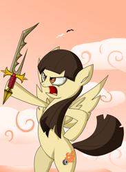 Size: 1836x2514 | Tagged: safe, artist:zsparkonequus, imported from derpibooru, wild fire, cloud, female, hoof hold, solo, sunset, sword, weapon, yelling