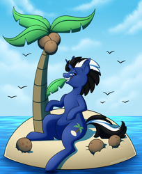 Size: 734x900 | Tagged: safe, artist:cutieanimals, imported from derpibooru, oc, oc only, oc:shabaco, pony, unicorn, coconut tree, leaf, palm tree, smiling, tree, water