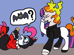 Size: 960x717 | Tagged: safe, artist:creative-blossom, imported from derpibooru, pinkie pie, twilight sparkle, bat, earth pony, pony, unicorn, batman, batmare, clothes, coin, cosplay, costume, cute, dc comics, duo, facehoof, female, harley quinn, harvey dent, hooves, mane of fire, mare, on back, pinkie quinn, present, rapidash twilight, redraw, speech bubble, standing, twiface sparkle, two-face