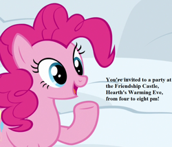 Size: 840x720 | Tagged: safe, edit, edited screencap, imported from derpibooru, screencap, pinkie pie, not asking for trouble, cropped, hearth's warming eve, invitation, party, snow, text