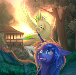 Size: 2968x2941 | Tagged: safe, artist:rublegun, imported from derpibooru, princess celestia, princess luna, alicorn, bird, pony, birdified, duo, eye contact, female, floppy ears, frown, gritted teeth, looking at each other, looking up, mare, nature, open mouth, river, s1 luna, scenery, scenery porn, shocked, signature, smiling, species swap, spread wings, tree, waterfall, wide eyes, wings, worried