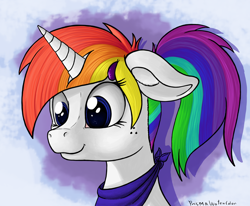 Size: 2500x2064 | Tagged: safe, artist:prismawatercolor, deleted from derpibooru, imported from derpibooru, oc, oc only, oc:prisma watercolor, alicorn, alicorn oc, bandana, freckles, happy, horn, ponytail, rainbow hair, smiling, solo