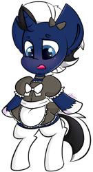 Size: 216x400 | Tagged: safe, artist:ashee, imported from derpibooru, oc, oc only, oc:shabaco, pony, unicorn, blushing, clothes, crossdressing, maid, male, simple background, socks, solo, transparent background