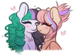 Size: 2750x2037 | Tagged: safe, artist:fluffymaiden, imported from derpibooru, oc, oc only, oc:seafoam, oc:sweet skies, earth pony, pegasus, pony, duo, female, heart, jewelry, lesbian, mare, necklace, nuzzling, oc x oc, shipping, smiling