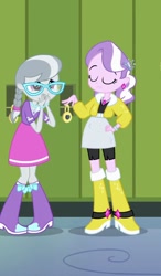 Size: 488x836 | Tagged: safe, imported from derpibooru, screencap, diamond tiara, silver spoon, equestria girls, equestria girls (movie), boots, braid, clothes, compression shorts, cropped, ear piercing, earring, eyes closed, female, glasses, high heel boots, jewelry, piercing, shoes, skirt