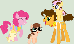 Size: 889x525 | Tagged: safe, artist:lost-our-dreams, imported from derpibooru, cheese sandwich, pinkie pie, oc, oc:cotton candy chocolate sprinkles, oc:smart cookie, oc:string cheese, earth pony, pegasus, pony, alternate hairstyle, apron, baby, baby pony, base used, cheesepie, clothes, colt, female, filly, glasses, heartwarming in hindsight, male, offspring, parent:cheese sandwich, parent:pinkie pie, parents:cheesepie, shipping, straight