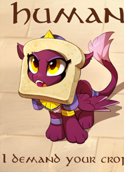 Size: 740x1024 | Tagged: safe, artist:tomatocoup, edit, imported from derpibooru, sphinx (character), sphinx, daring done?, behaving like a cat, bread, bread head, breading, cat breading, cropped, cute, diabetes, female, food, irony, kitty sphinx, meme, pun, sitting, solo, sphinxdorable, sweet dreams fuel, uncial script, visual pun