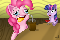 Size: 1500x1014 | Tagged: safe, artist:sergeant16bit, imported from derpibooru, pinkie pie, twilight sparkle, pony, bendy straw, chocolate, chocolate milk, derp, derp face, digital painting, drink, drinking straw, duo, milk, nose, oddly-colored tongue, pinkie being pinkie, red soda, silly, silly face, silly pony, tongue out, wall eyed, wat, weird, wooden floor