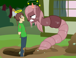 Size: 3300x2550 | Tagged: safe, artist:badumsquish, derpibooru exclusive, imported from derpibooru, oc, oc only, oc:annelida, oc:generic messy hair anime anon, earthworm, human, monster pony, original species, worm, worm pony, accident, angry, badumsquish strikes again, circling stars, death stare, dirty, duo, female, frown, glare, grin, halo, head lump, high res, hole, human oc, innocent, male, mare, now you fucked up, pain, puppy dog eyes, sheepish grin, shovel, slimy, smiling, stars, this will end in pain, this will end in tears, whoops, you dun goofed