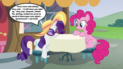 Size: 1280x720 | Tagged: safe, edit, edited screencap, imported from derpibooru, screencap, pinkie pie, rarity, every little thing she does, season 6, cafe hay, hangover, hat, headache, implied jerks, ponyville, speech bubble, sunglasses, table