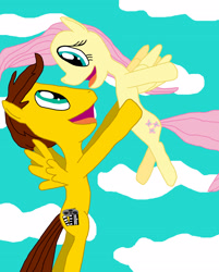 Size: 2070x2574 | Tagged: safe, artist:sb1991, imported from derpibooru, fluttershy, oc, oc:film reel, pony, canon x oc, cloud, flying, happy, pairings, sky