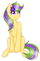 Size: 1299x1949 | Tagged: safe, artist:sketchyhowl, imported from derpibooru, oc, oc only, oc:purple pansy, earth pony, pony, female, flower, flower in hair, mare, simple background, sitting, solo, transparent background