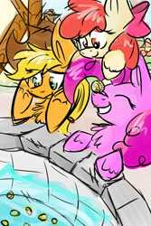 Size: 1024x1536 | Tagged: safe, artist:northwindsmlp, imported from derpibooru, apple bloom, applejack, pinkie pie, earth pony, pony, bits, well, wishing well