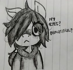 Size: 1272x1226 | Tagged: safe, artist:shpace, imported from derpibooru, oc, oc only, oc:floor bored, earth pony, pony, /mlp/, 4chan, blushing, clothes, dialogue, female, hoodie, lined paper, mare, monochrome, solo, traditional art