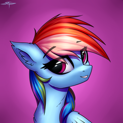 Size: 3000x3000 | Tagged: safe, artist:setharu, imported from derpibooru, rainbow dash, pegasus, pony, bust, chest fluff, ear fluff, eye clipping through hair, eyebrows, eyebrows visible through hair, female, grin, head turn, lidded eyes, looking at you, mare, multicolored hair, portrait, signature, smiling, solo, turned head