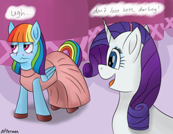 Size: 2000x1550 | Tagged: dead source, safe, artist:afterman, imported from derpibooru, rainbow dash, rarity, pegasus, pony, unicorn, alternate hairstyle, and then there's rarity, bet, blushing, carousel boutique, clothes, dress, embarrassed, forced makeover, makeover, rainbow dash always dresses in style, shoes, talking, text