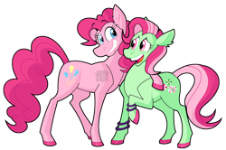 Size: 1242x825 | Tagged: safe, artist:zerogravitybadger, imported from derpibooru, minty, pinkie pie, earth pony, pony, female, g3, g3 to g4, g4, generation leap, lesbian, mare, mintypie, open mouth, raised hoof, shipping, simple background, smiling, transparent background