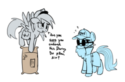 Size: 1887x1240 | Tagged: safe, artist:tallaferroxiv, imported from derpibooru, derpy hooves, rainbow dash, baseball cap, body pillow, box, cap, clothes, coat, costume, dialogue, disguise, fake beard, flying, hat, mail, mailbox, mailmare, nervous, open mouth, package, simple background, sunglasses, white background