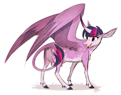 Size: 1000x783 | Tagged: safe, artist:probablyfakeblonde, imported from derpibooru, twilight sparkle, alicorn, cow, alicow, cloven hooves, cowified, curved horn, female, horn, leonine tail, purple eyes, purple hair, solo, species swap, twilight sparcow, twilight sparkle (alicorn), udder, wings