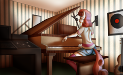 Size: 2800x1700 | Tagged: safe, artist:elmutanto, imported from derpibooru, sweetie belle, anthro, unicorn, adult, bracelet, clothes, female, guitar, jewelry, music, musical instrument, piano, record, recording, singing, solo