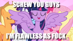 Size: 1400x788 | Tagged: safe, edit, edited screencap, imported from derpibooru, screencap, twilight sparkle, alicorn, fame and misfortune, attention horse, bad choreography, flawless, image macro, meme, narcissism, twilight sparkle (alicorn), vulgar