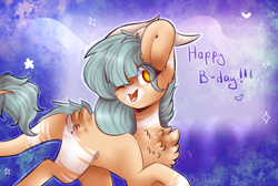 Size: 946x636 | Tagged: safe, artist:twinkepaint, imported from derpibooru, oc, oc only, oc:forest keeper, earth pony, pony, birthday, female, happy, horns, one eye closed, solo, wink