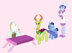 Size: 1699x1250 | Tagged: safe, artist:carnifex, imported from derpibooru, blues, bulk biceps, noteworthy, princess luna, thorax, changedling, changeling, earth pony, pegasus, pony, equestria girls, bathrobe, changeling king, clothes, king thorax, one of these things is not like the others, pink background, robe, simple background, slippers, time action glory challenge, towel on head, vice principal luna