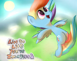 Size: 3200x2550 | Tagged: safe, artist:a8f12, imported from derpibooru, rainbow dash, pegasus, pony, blurred background, blurry background, female, flying, inspire, motivational, positive ponies, solo