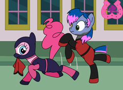 Size: 1077x789 | Tagged: safe, artist:author92, imported from derpibooru, pinkie pie, oc, series:siege of canterlot, brightly colored ninjas, canterlot, fight, kunoichi, martial arts, mask, ninja, surprised, sweep kick, unmasked