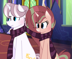 Size: 917x748 | Tagged: safe, artist:spectrumnightyt, imported from derpibooru, oc, oc only, pony, unicorn, base used, blushing, clothes, female, male, mare, scarf, shared clothing, shared scarf, sitting, stallion, twilight's castle